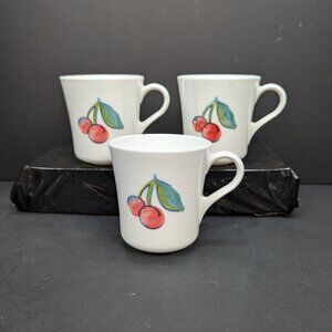 Vintage Corning Ware Fruit Basket Cherry Design 8 Oz Coffee Mugs Lot of 3